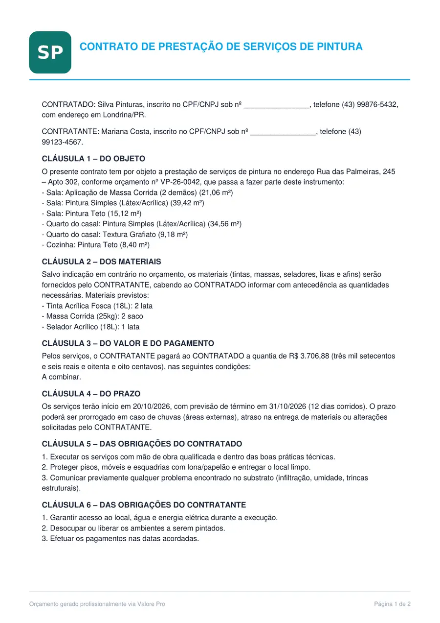 Contrato de prestação de serviços gerado a partir do orçamento