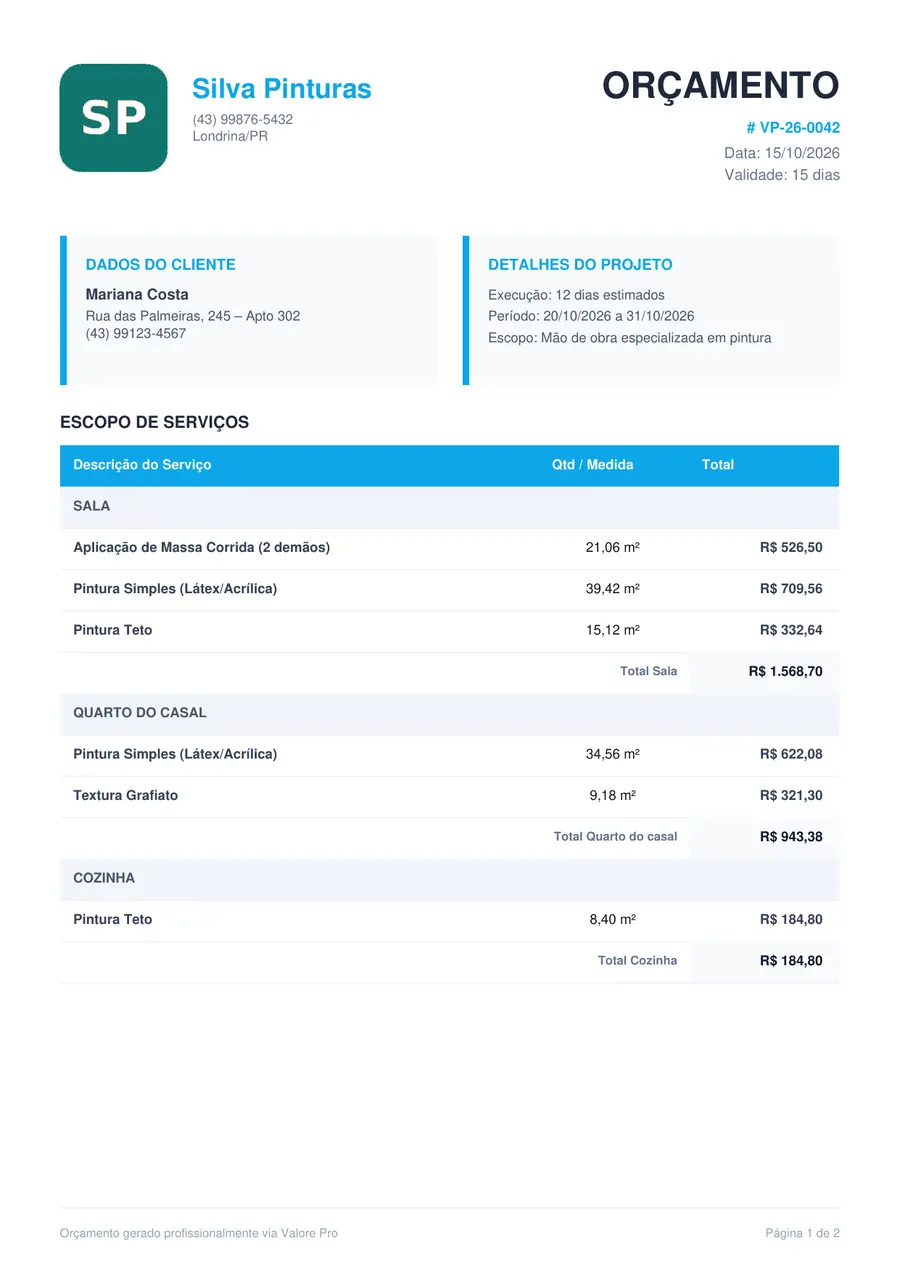 Orçamento resumido em PDF, sem medidas e preço unitário