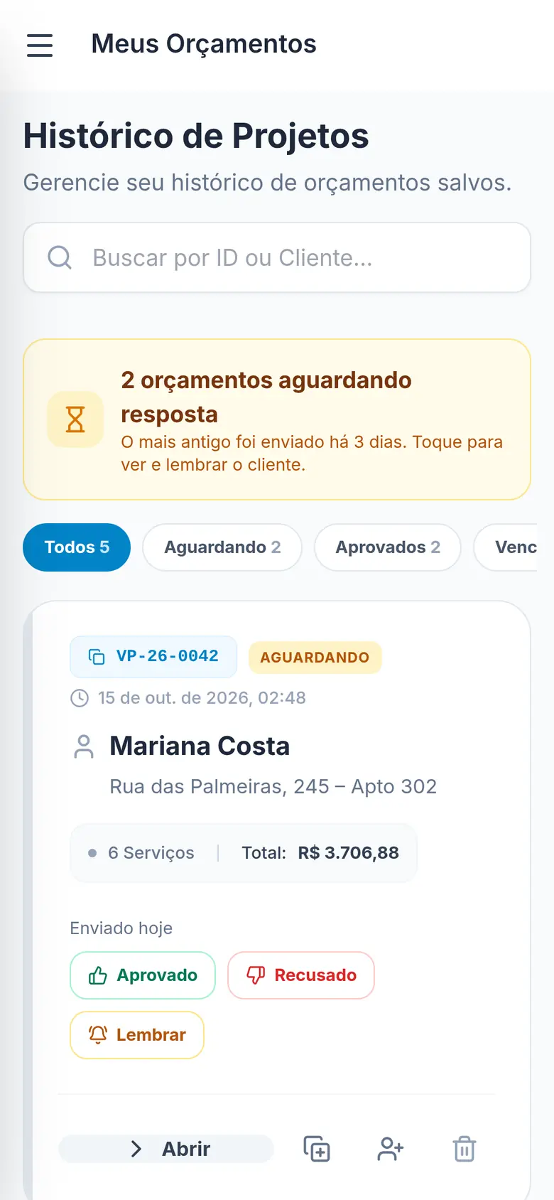 Lista de orçamentos com situação: aguardando, aprovado e vencido