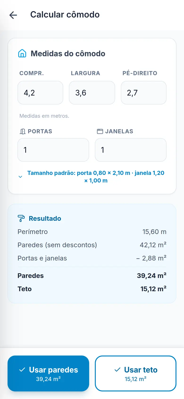 Calculadora de cômodo com paredes, teto, portas e janelas