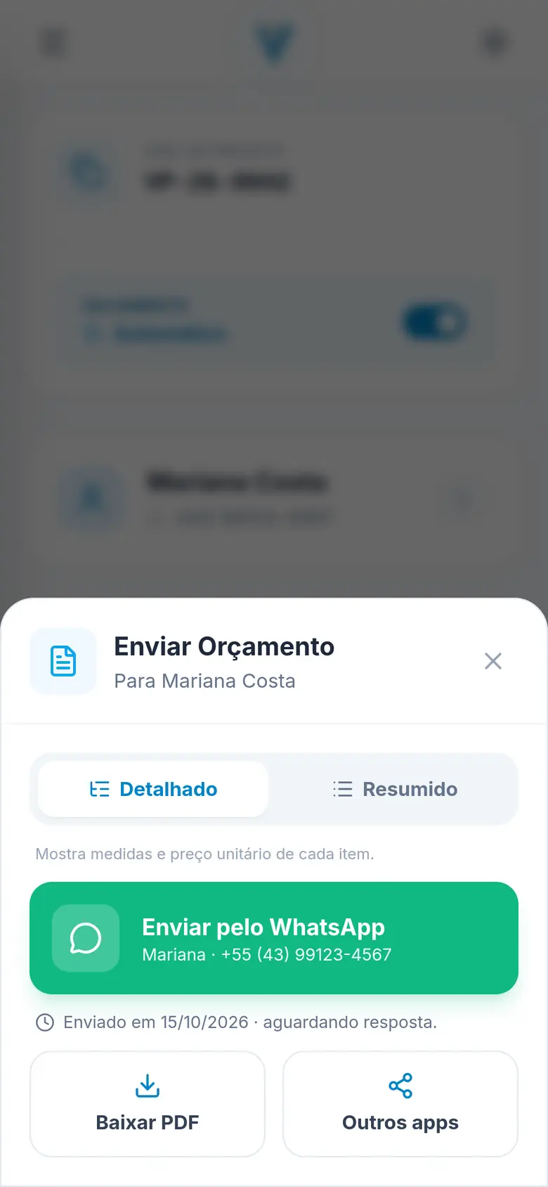 Tela de envio do orçamento pelo WhatsApp