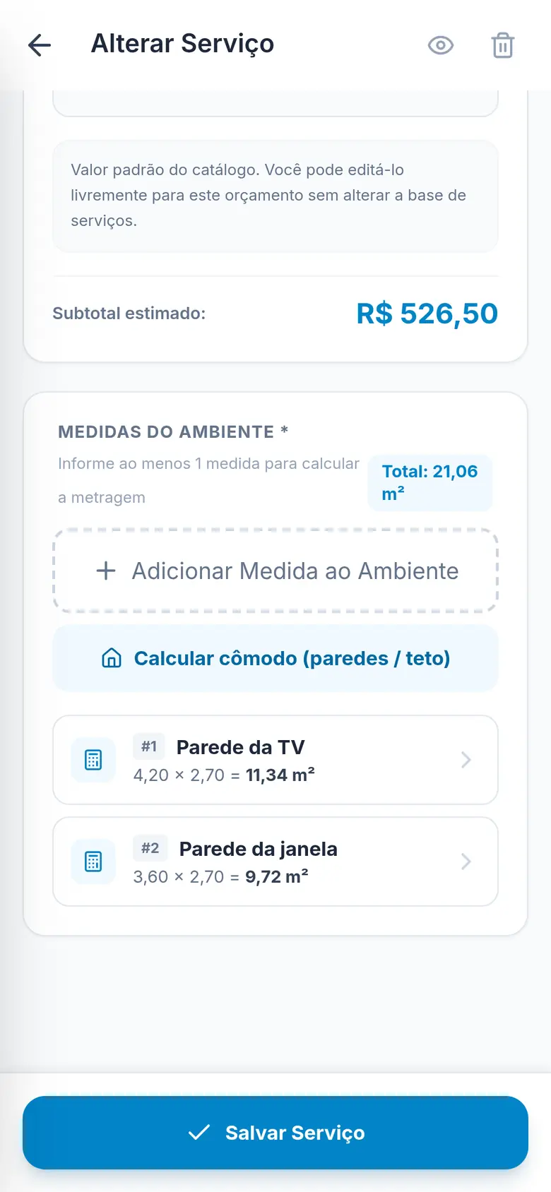 Serviço com medidas por parede e subtotal calculado
